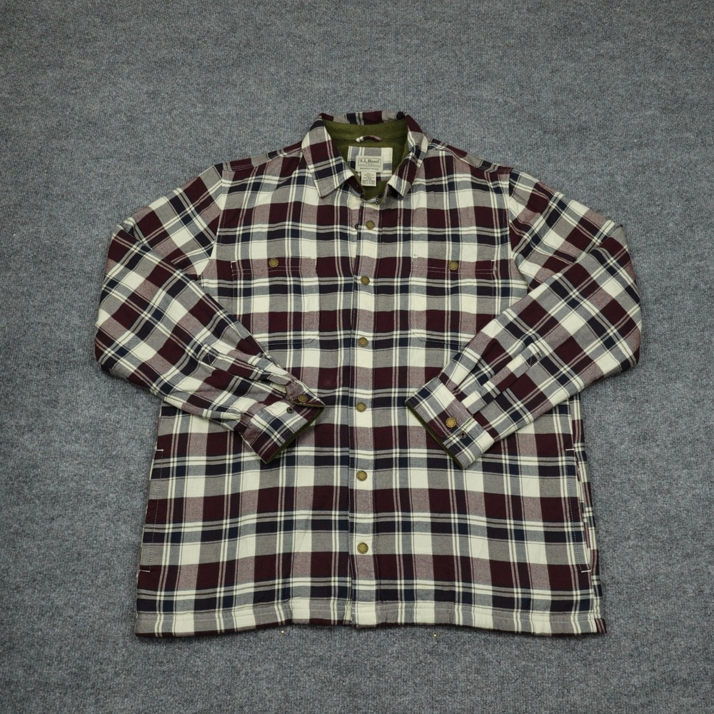 LL Bean Shirt Mens Large Maroon Plaid Fleece Lined Slightly Fitted Button Up